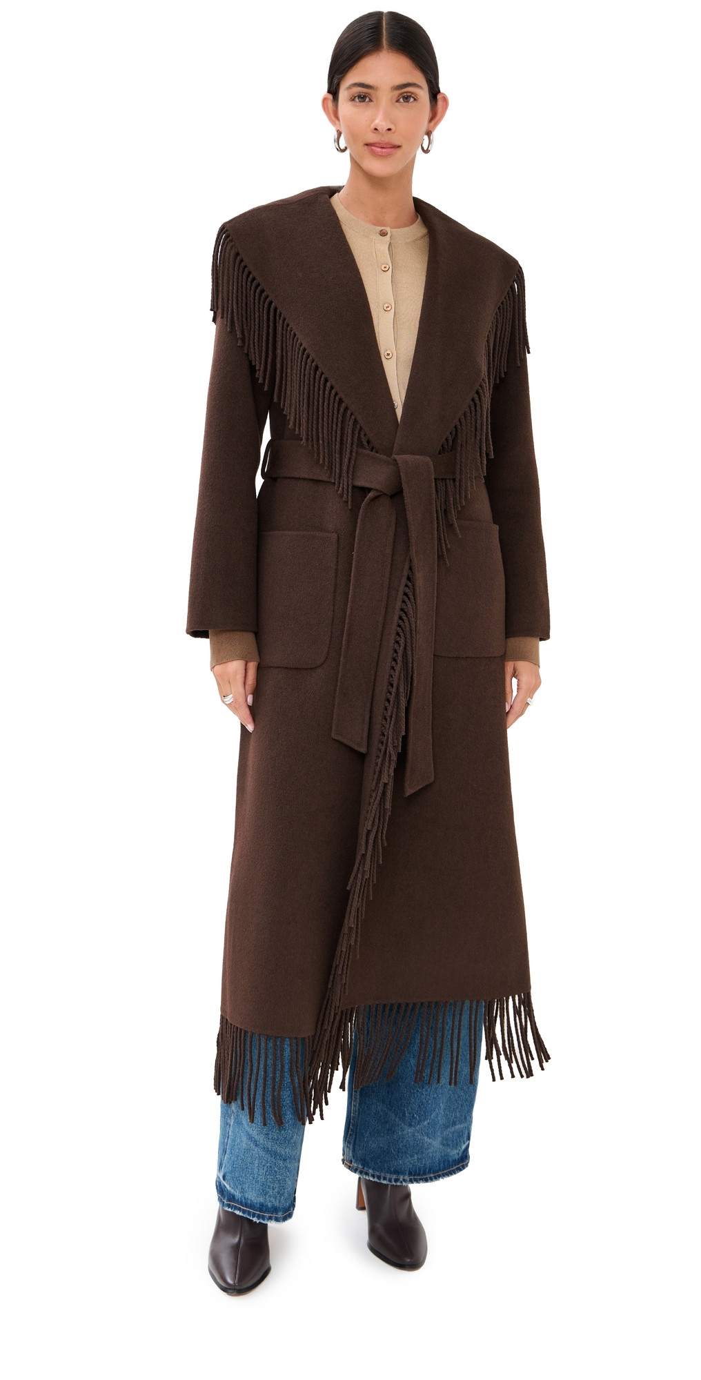 SIMKHAI Carrie Fringe Robe Coat Chocolate S | Shopbop