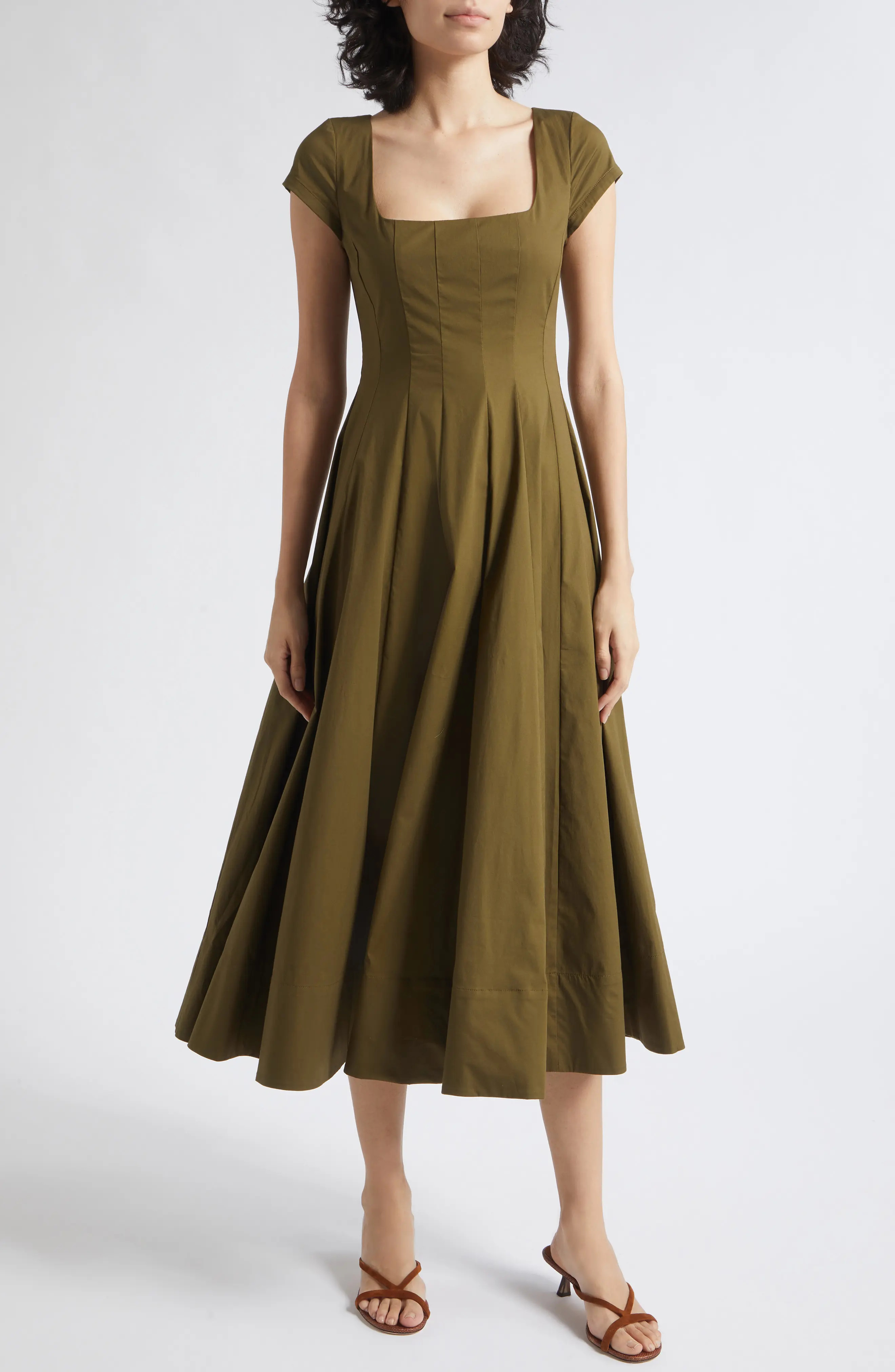 STAUD Wells Fit & Flare Midi Dress in Dark Olive at Nordstrom, Size 14 | Nordstrom