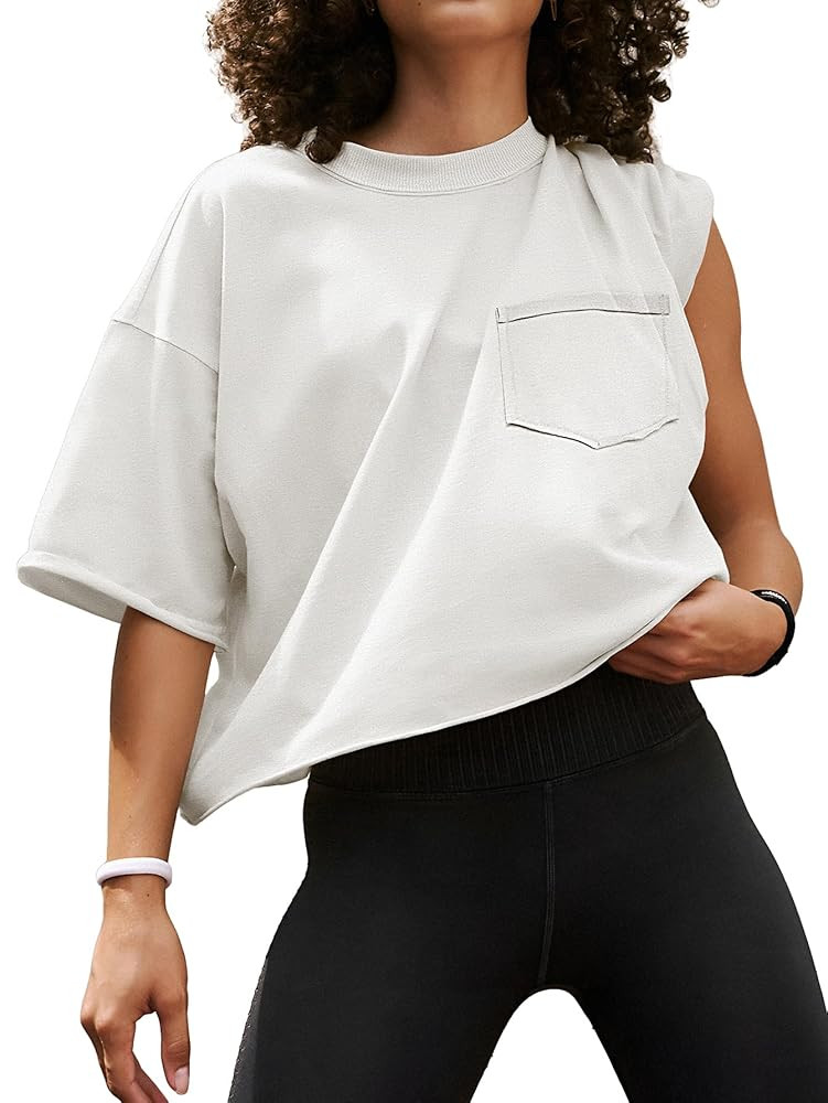 ATHMILE Womens Oversized T-Shirts Short Sleeve Workout Crop Tops Casual Drop Shoulder Boxy Roll H... | Amazon (US)
