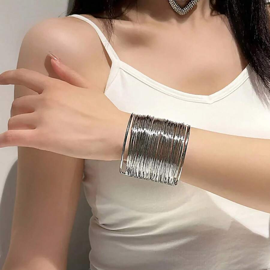 1 Pc Cuff Bangle Bracelet For Women Open Wide Wire Bracelets Silvery Wrist Cuff Wrap Bracelet Adj... | SHEIN