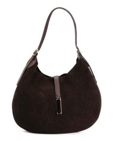 Made In Italy Suede Hobo With Flap Over Gold Tone Bar | TJ Maxx