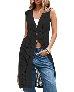Cakulo Womens Sleeveless Crochet Cardigans Beach Cover Up 2025 Summer Long Knit Sweater Vest Tops | Amazon (US)