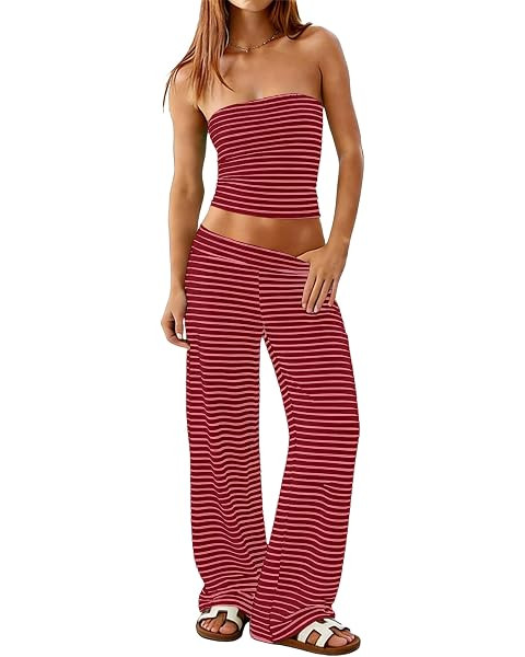 Tankaneo Womens Striped 2 Piece Sets Summer Strapless Crop Tube Tops Wide Leg Pants Matching Loun... | Amazon (US)