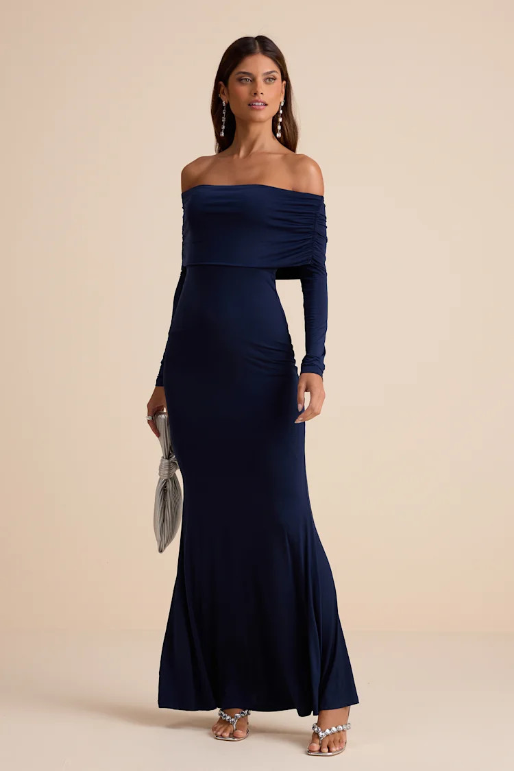 Effortlessly Stunning Navy Off-the-Shoulder Maxi Dress | Lulus
