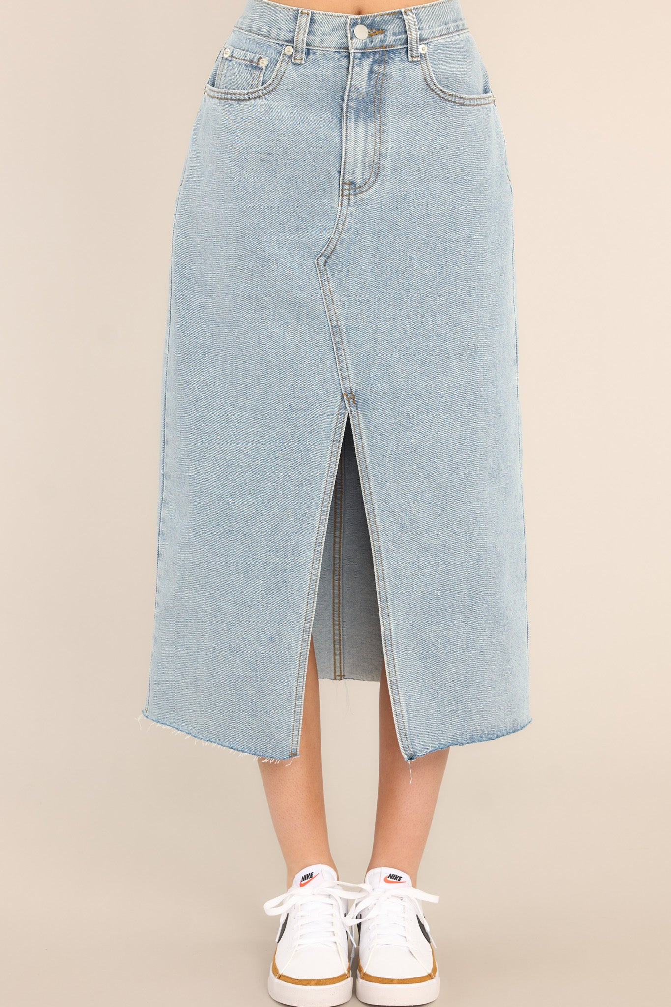 Confident Strides Light Denim Midi Skirt | Red Dress