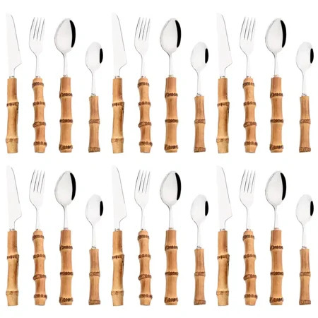 24pcs Silver Stainless Steel Dinnerware Set Knife Fork Spoon Flatware Creative Bamboo Handle Cutlery | Walmart (US)