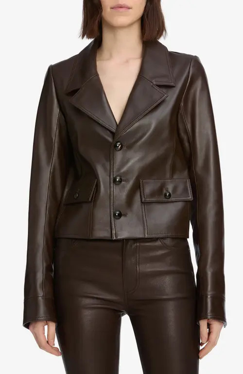 FRAME The Cuffed Crop Leather Jacket in Dark Brown at Nordstrom, Size 8 | Nordstrom