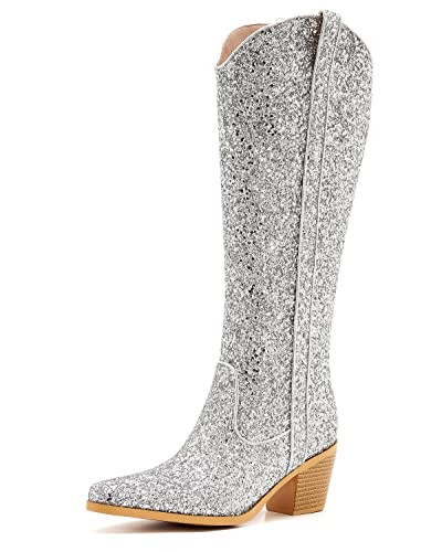 ZXHYZLZ Silver Sparkling Cowboy Boots For Women, Almond Toe Low Chunky Heel Women's Sparkling Mid-Calf Western Cowgirl Boots size 6.5. | Amazon (US)