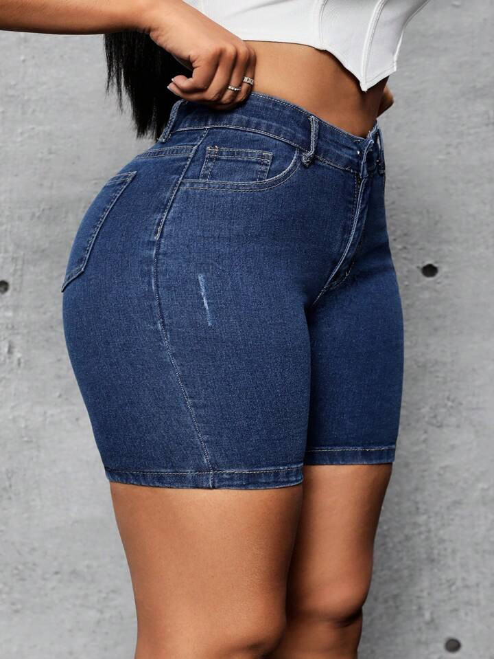 SHEIN SXY Plus Size Denim Shorts, Casual, Tight-Fitting, Stretchy, Spring/Summer | SHEIN