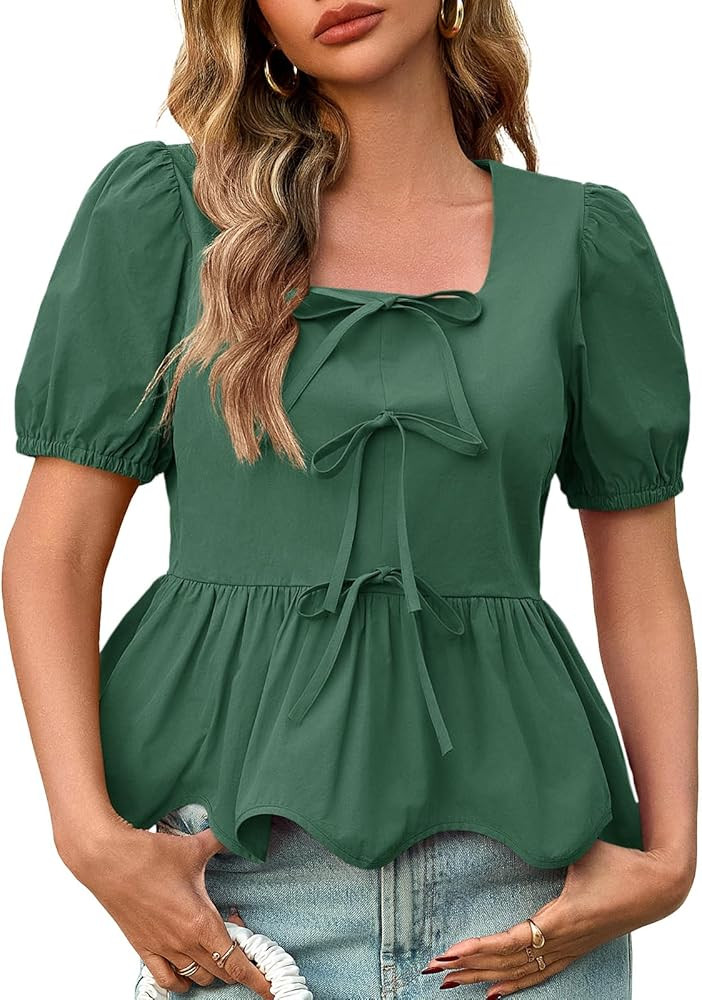 Tankaneo Womens Summer Peplum Babydoll Tops Square Neck Short Puff Sleeve Blouses Ruffle Cute Bow... | Amazon (US)