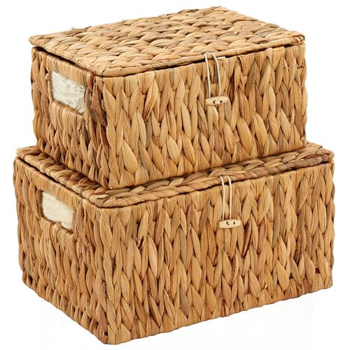 Edergoo Wicker Basket with Lid, Water Hyacinth Storage Baskets for Shelves, Large & Small Storage Basket with Lid and Built-in Handles, Hand Woven Hyacinth Baskets 2 Pack | Amazon (US)