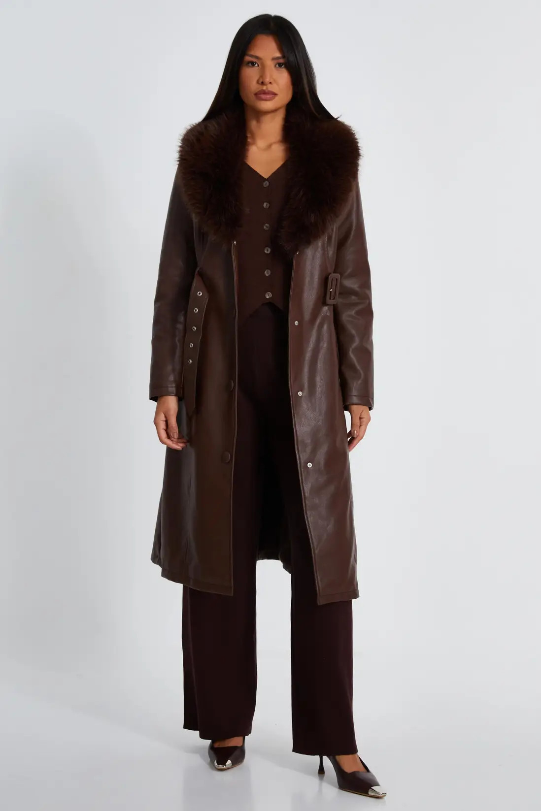 Brown Faux Leather Trench Coat | Boohoo.com (UK & IE)