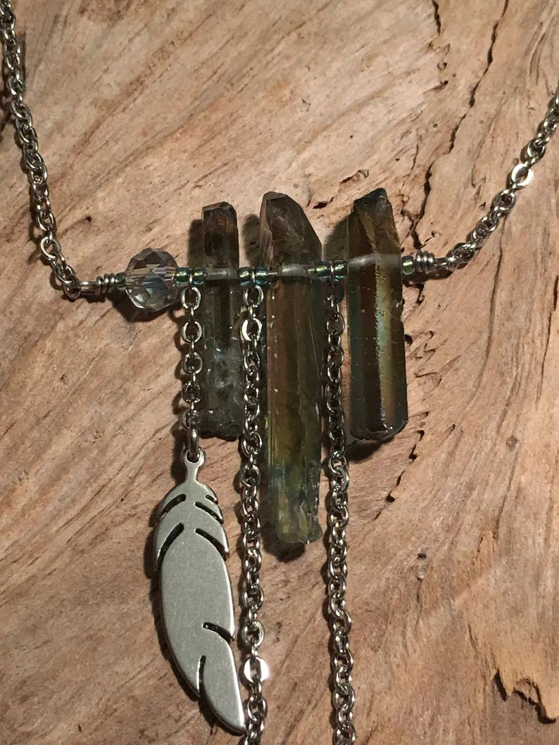 Feather and Chain with Titanium-Coated drilled Quartz Crystal Points, Stainless Steel | Etsy (US)