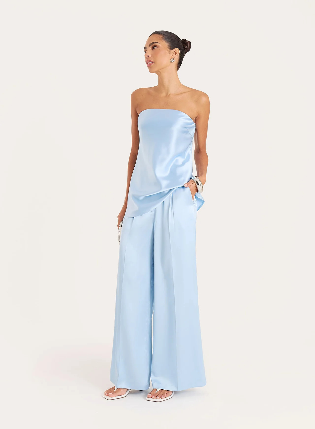Women's Blue Satin Tailored Wide Leg Trousers | Agatha | 4th & Reckless | 4th & Reckless