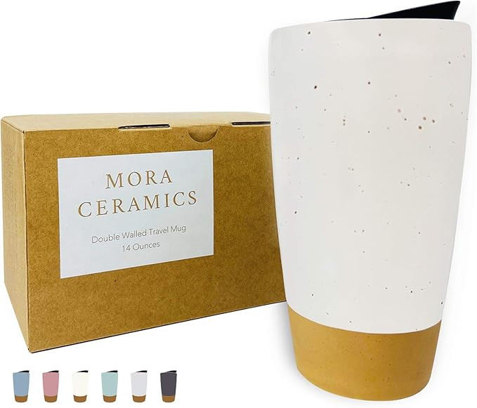 Mora Double Wall Ceramic Coffee Travel Mug with Lid, 14 oz, Portable, Microwave, Dishwasher Safe,... | Amazon (US)