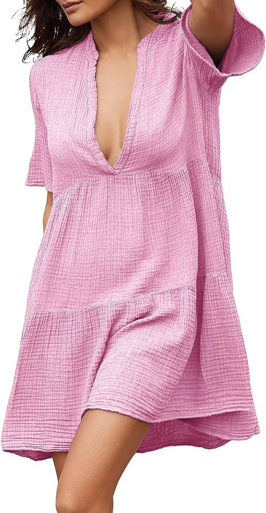 Gacaky Summer Dress for Women Casual Short Sleeve Deep V Neck Sundress Flowy Loose Beach Mini Dre... | Amazon (US)