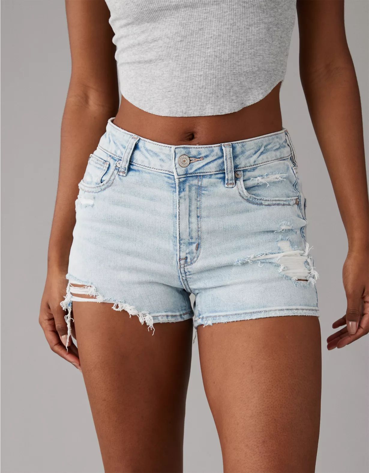 AE Next Level High-Waisted V-Rise Distressed Denim Short Short | American Eagle Outfitters (US & CA)