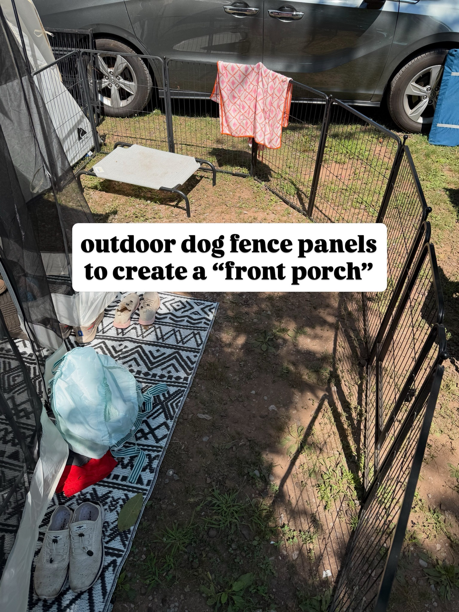 Since we were camping with our dog, we wanted to create a defined area where she could hang out without being tied to the tent or constantly following us around. We have two sets of eight panels, giving us 16 panels total, with two gate doors. It essentially created a little “front porch” area for our dog right outside the tent.

#LTKTravel #LTKdayinmylife #LTKSeasonal