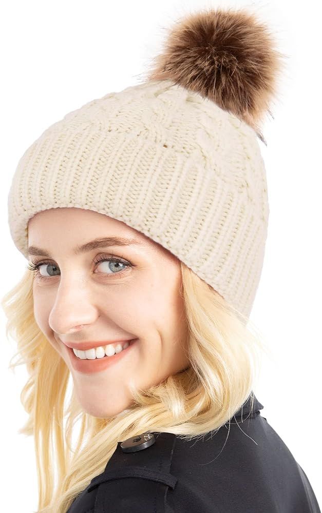 Simplicity Womens Winter Beanies Hand Knit Faux Fur Pompoms Beanie Hats | Amazon (US)
