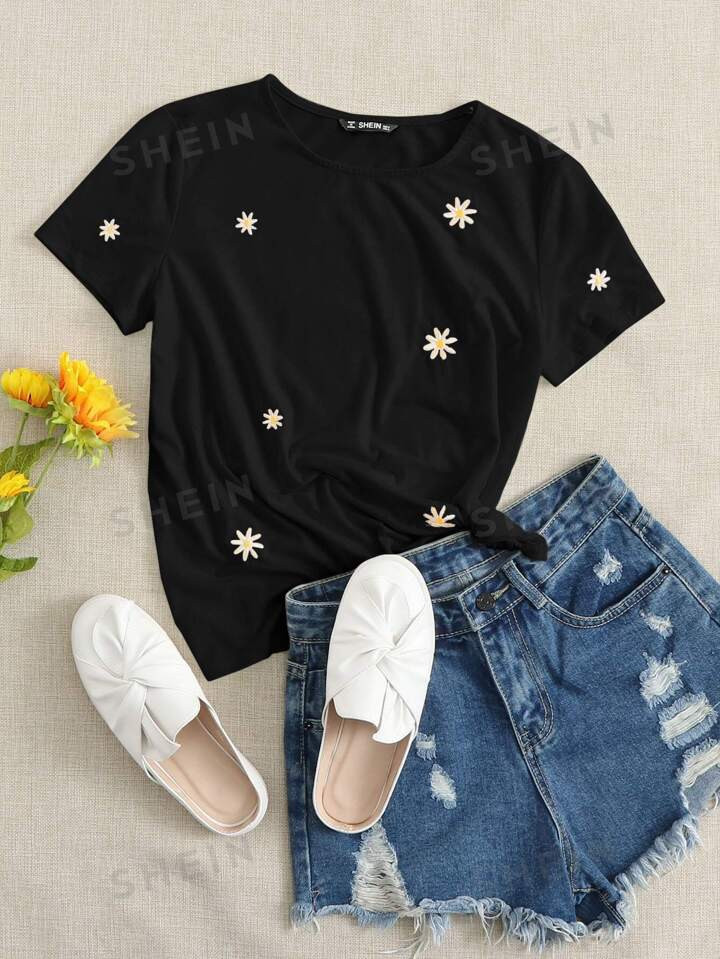 SHEIN EZwear Ropa De Verano Camiseta Bordada Floral | SHEIN
