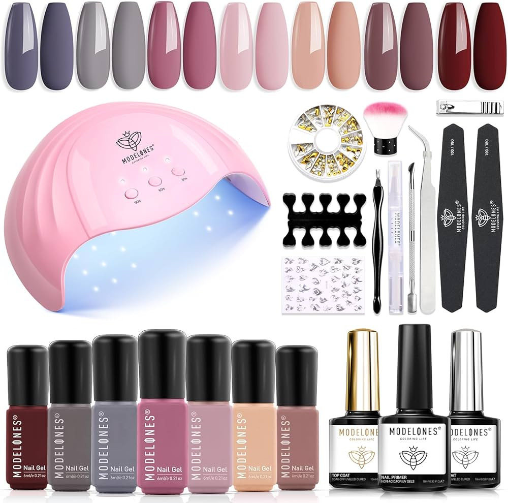 Modelones Gel Nail Polish Kit with U V Light 48W Nail Dryer 7 Nude Colors Gel Nail Polish Set, Ba... | Amazon (US)