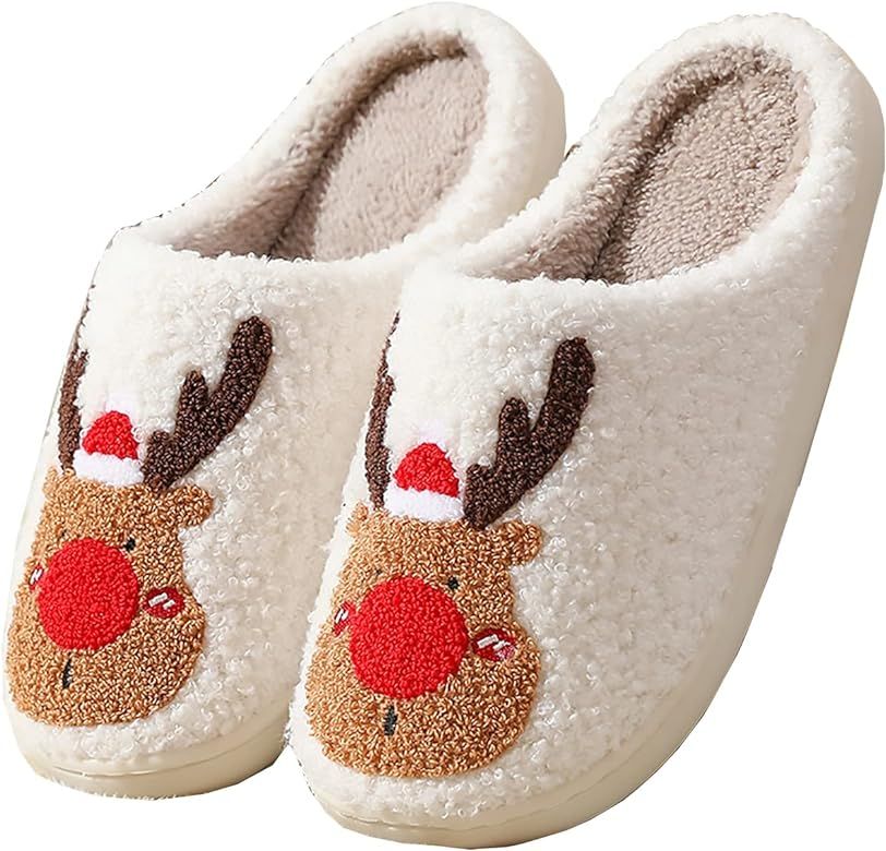Elk Slippers Christmas Cotton Slippers Embroidery Keep Warm Couples Xmas Slides Home Slippers for... | Amazon (US)