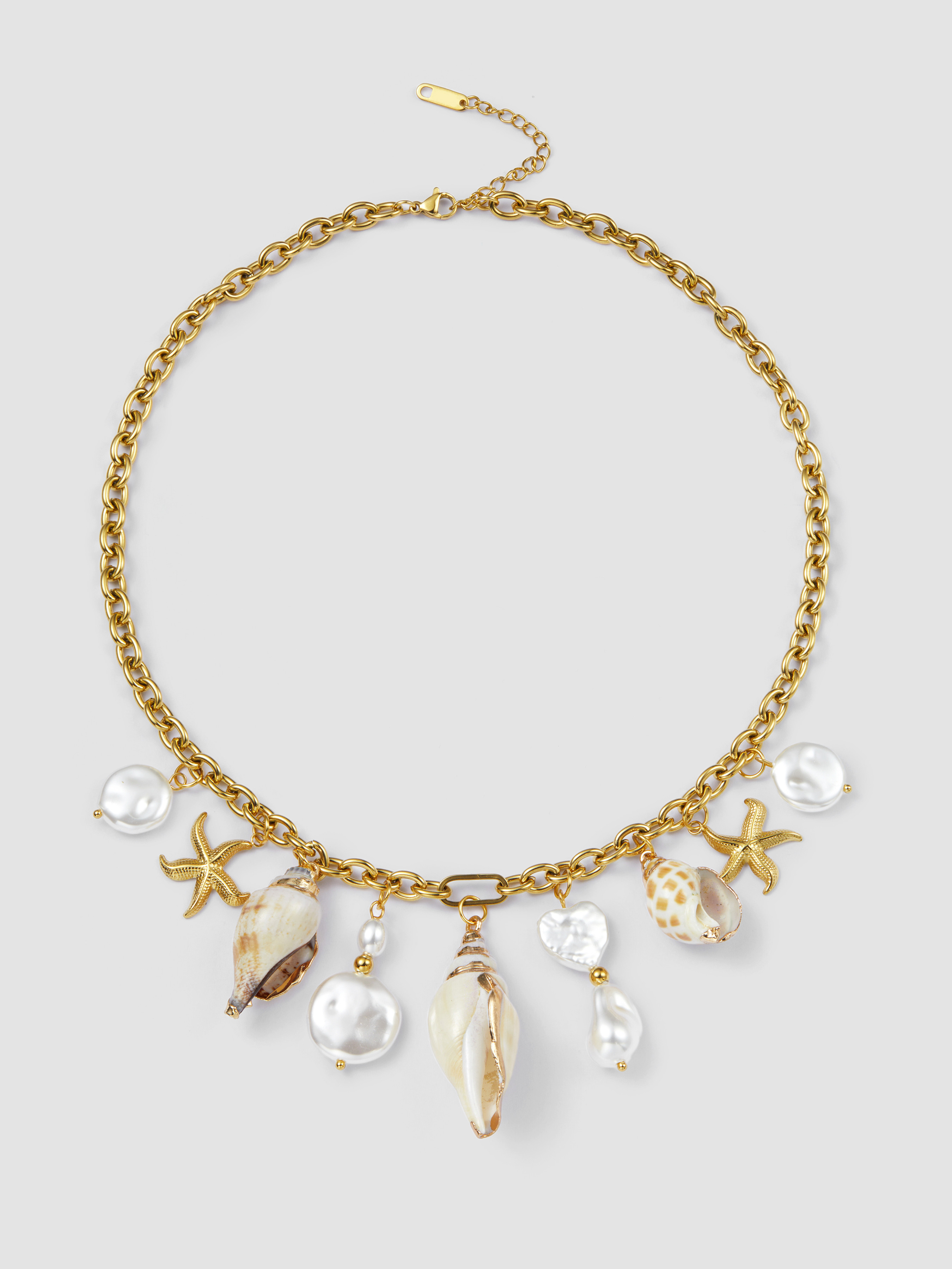 Stainless Steel SHELL & STARFISH & FAUX PEARL PENDANT 18K GOLD PLATED STAINLESS STEEL NECKLACE Fo... | Cider