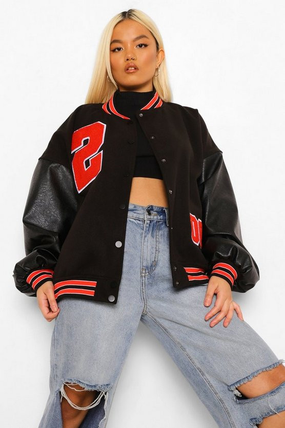 Petite Pu Sleeve Oversized Varsity Jacket | Boohoo.com (US & CA)