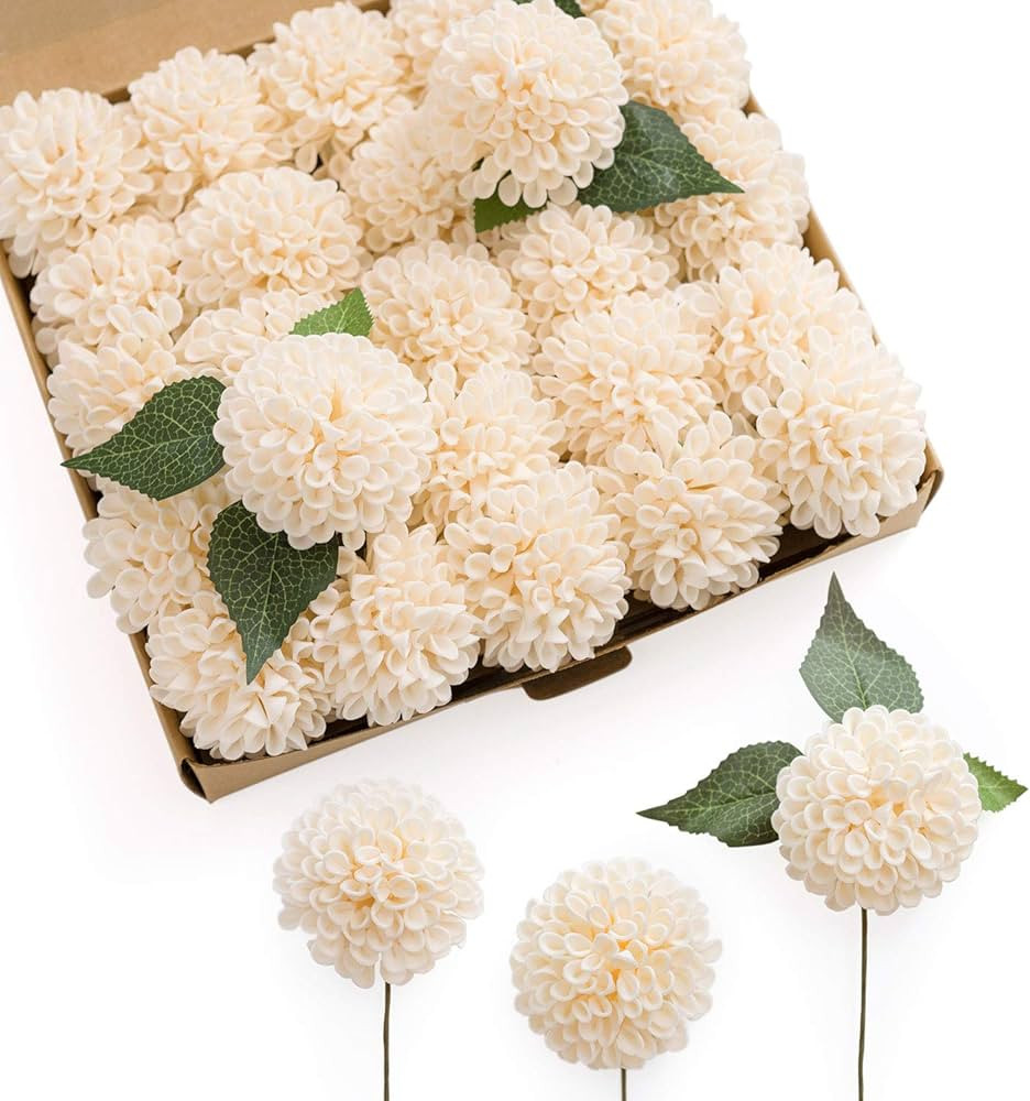 Ling's Moment Flowers Dahlia Artificial Flowers 25pcs Cream Flowers Faux Fake Flowers w/Stem for ... | Amazon (US)