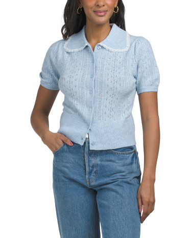 Short Sleeve Lace Collar Cardigan | TJ Maxx