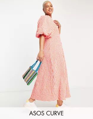 ASOS DESIGN Curve open back puff sleeve maxi dress in textured red gingham | ASOS (Global)