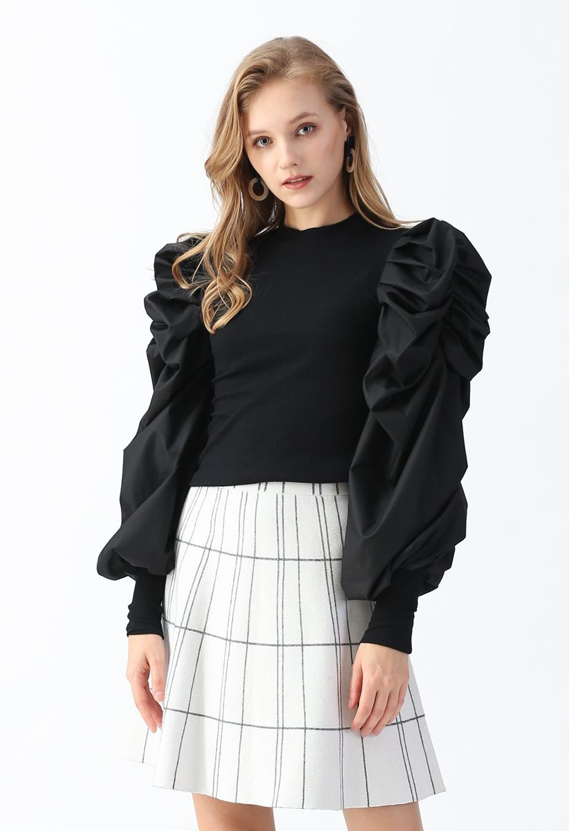 Dramatic Bubble-Sleeves Knit Top in Black | Chicwish