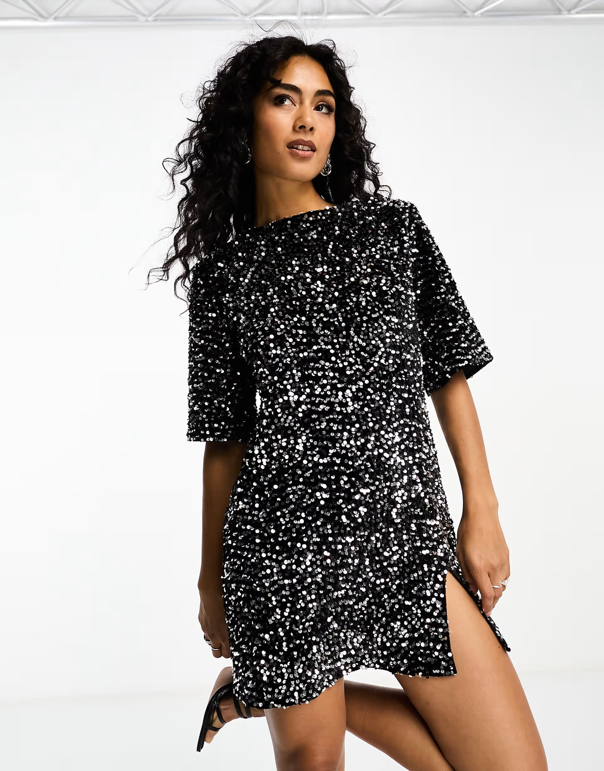 4th & Reckless sequin low tie back mini dress in black | ASOS (Global)