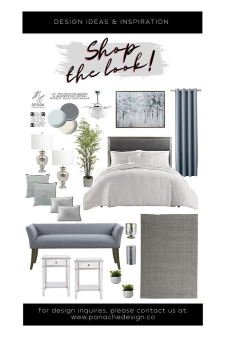 Modern bedroom | home decor concept board | bed, nightstand, bed bench, rug, side tables, side chair, nightstand lamps, table lamps, chandelier, ceiling fan, ceiling light, floor lamp, faux plants, vases, mirror, artwork, pillows, bedding, curtains, window treatments, candle holders.

#LTKhome