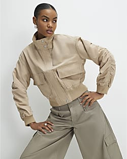 Beige Funnel Neck Bomber Jacket | River Island UK & IE