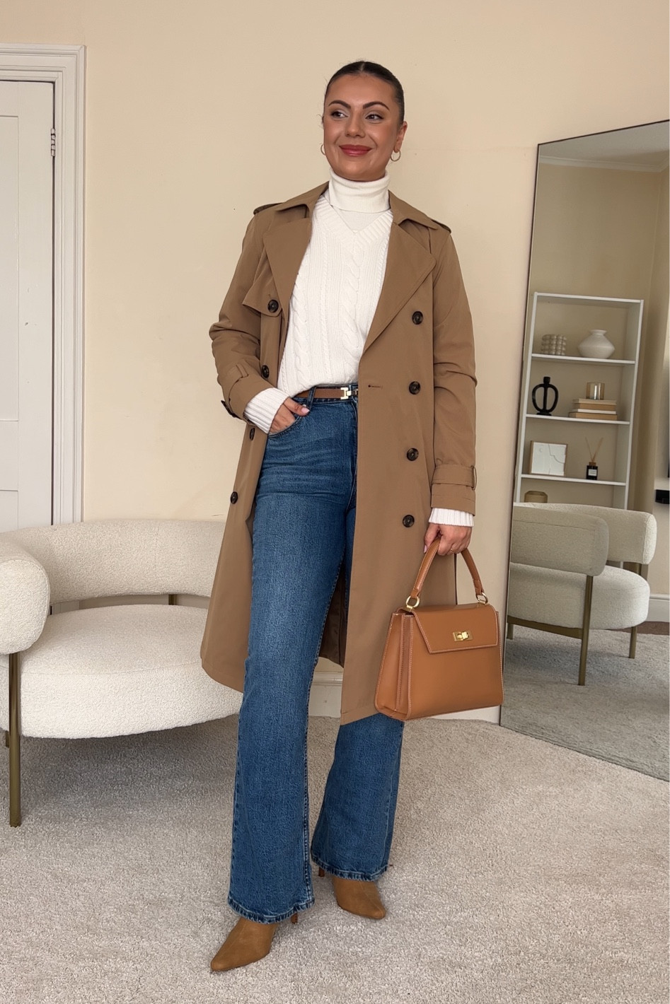 Casual chic autumn outfit, styling a cable knit jumper.
Jumper is from LilySilk, wearing size UK8.
Trench coat is from New Look, wearing size UK10.
Jeans are from Asos, wearing size 30/32.
Boots are from Asos.
Bag is from M&S.

#LTKfindsunder100 #LTKstyletip #LTKeurope