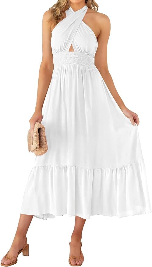 ZESICA Women's Summer Criss Cross Halter Neck Cut Out Solid Color Sleeveless Flowy A Line Maxi Dr... | Amazon (US)