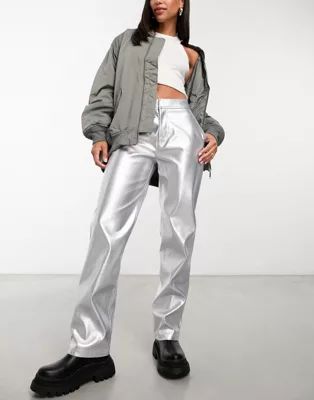 ASOS DESIGN faux leather straight leg trouser in metallic | ASOS (Global)