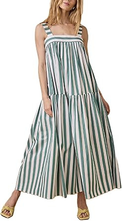 Women Striped Maxi Cami Dress Spaghetti Strap Boho Long Dress Backless Flowy Dress Summer Holiday... | Amazon (US)