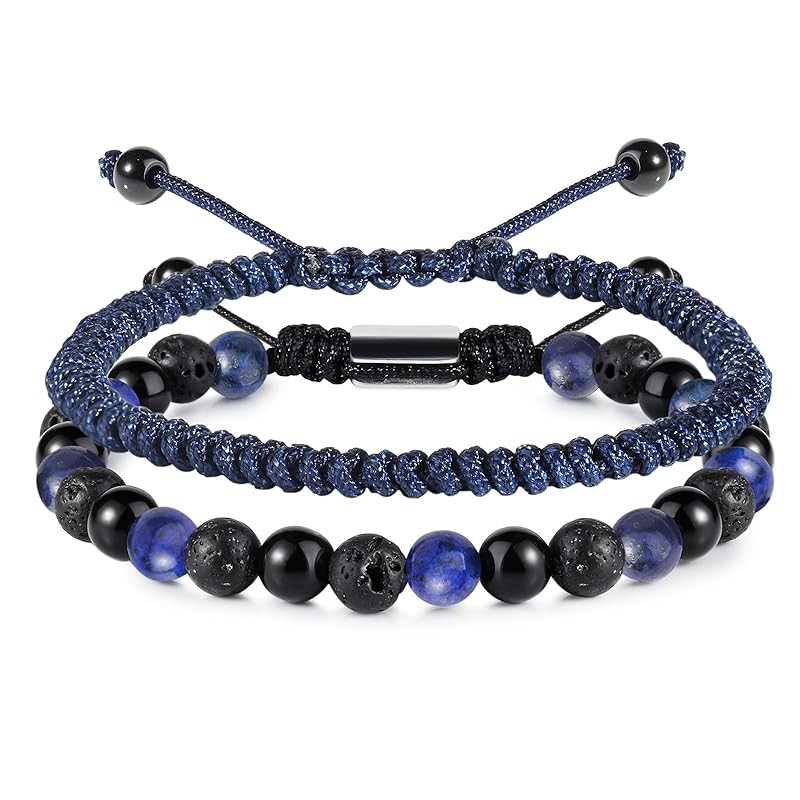 Blue Beaded Bracelets for Men Boys - 6mm Lapis Lazuli Obsidian Lava Beads Mens Bracelet Set Mens ... | Amazon (US)