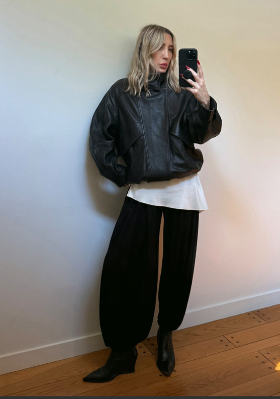 Balloon pant with a leather jacket #stylist #balloonpants #leatherjacket #boots #silktop  

 #LTKdayinmylife #LTKgrwm #LTKootd