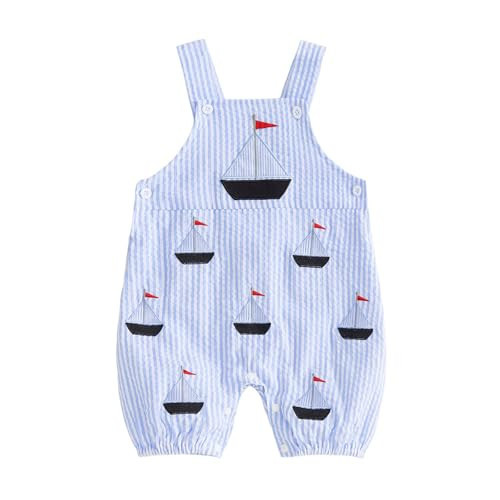 Nibbcoa Baby Boy Summer Outfit Embroidery Bubble Romper Striped Sleeveless Onesie Bodysuit Overalls Newborn Boy Clothes (Blue, 3-6 Months) | Amazon (US)