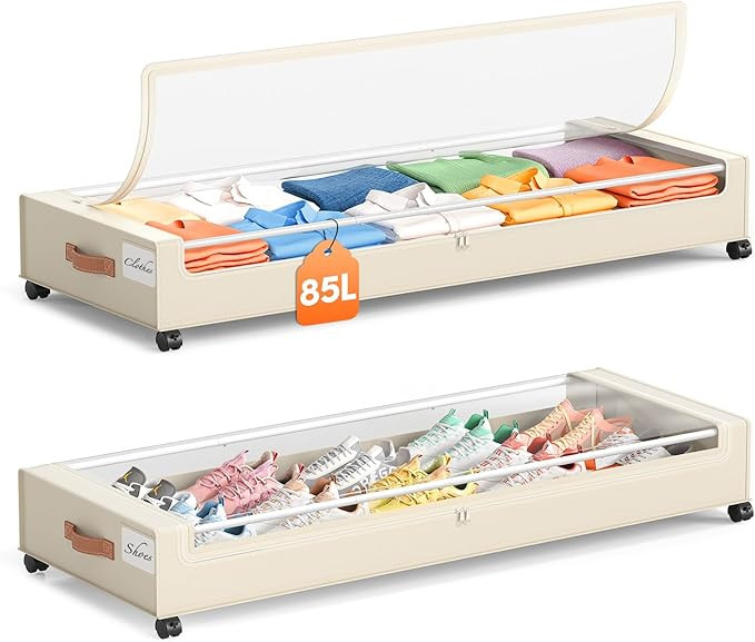 Yecaye Under Bed Storage with Wheels 2 Pack, 85L Extra Large Under Bed Storage Containers with Me... | Amazon (US)