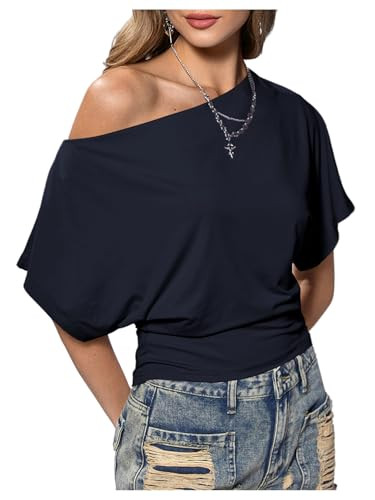 SweatyRocks Women's Off The Shoulder Crop Tops Asymmetrical Y2K Going Out Top Dolman Short Sleeve... | Amazon (US)