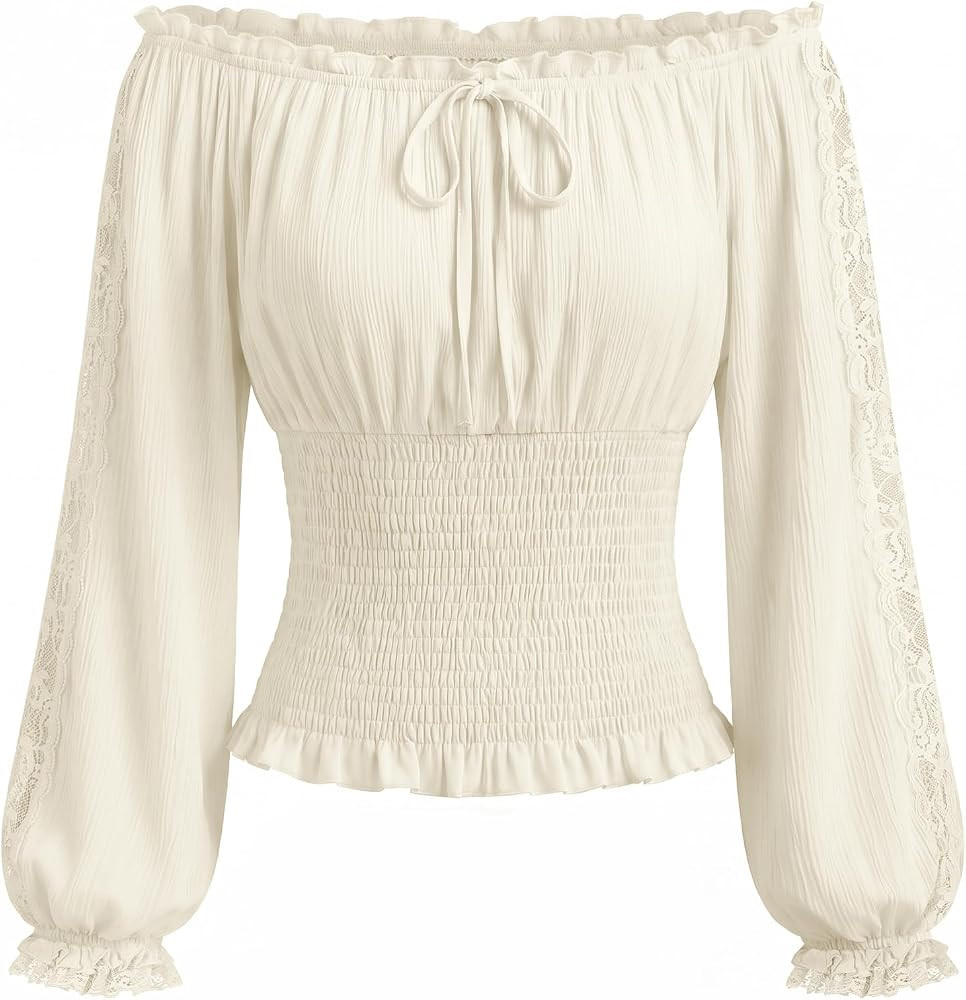 SCARLET DARKNESS Renaissance Lantern Sleeve Bardot Trim Lace Smocked Blouse | Long lantern sleeve... | Amazon (UK)