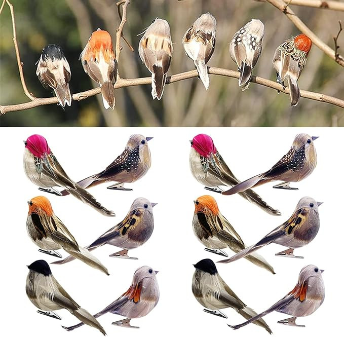 12pcs Artificial Birds Clip on Birds Christmas Tree Decoration Artificial Sparrow Realistic Birds... | Amazon (US)