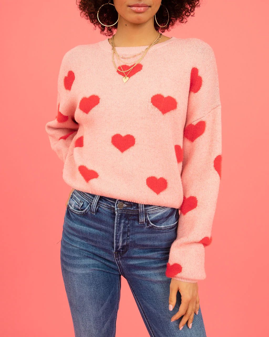 Fuzzy Hearts Knit Sweater - Pink | VICI Collection