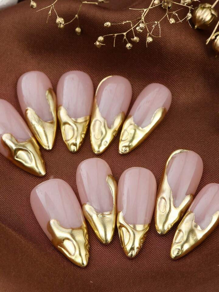 10pcs/Set Handmade Long Almond Shape Press-On False Nails, Heavy Metal French 3D Style False Tips... | SHEIN