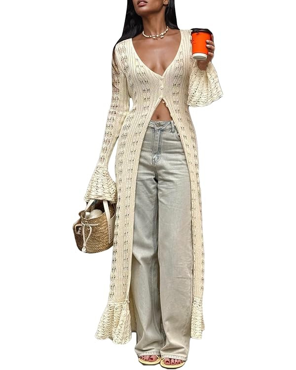 Crochet Cardigans for Women Hollow Out Knitted V Neck Long Sleeve Button Up Beach Cover Up Vacati... | Amazon (US)