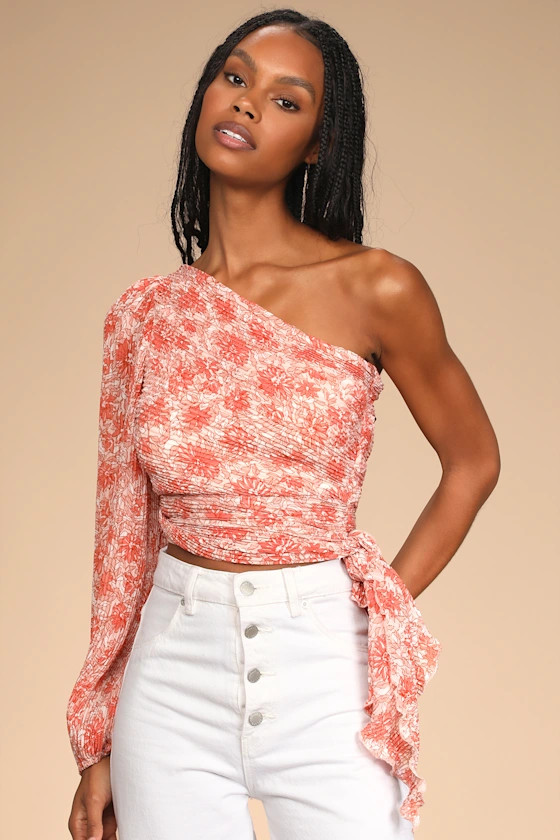 Grow Toward Love Pink Floral Print Pleated One-Shoulder Top | Lulus (US)